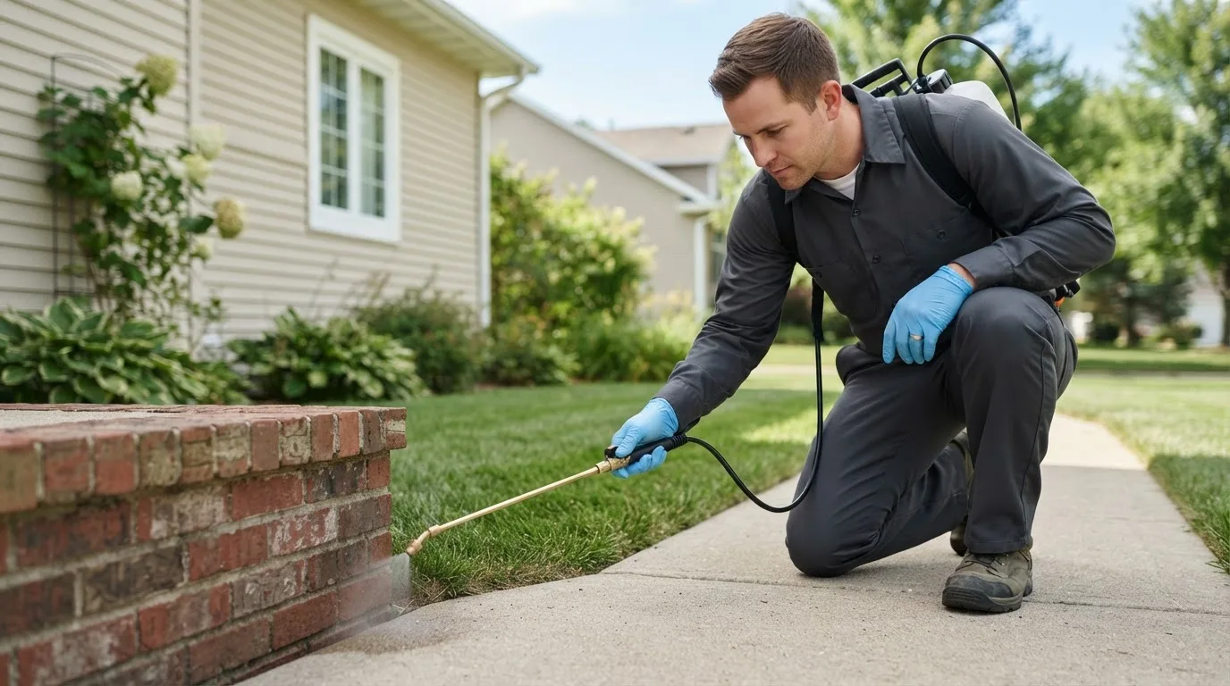 Pest control technician treating a home near Horseshoe Bay, TX